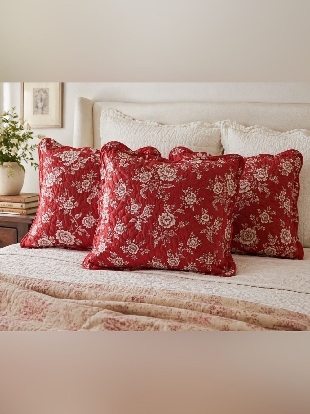 Red Floral Quilted 3 Pillow Shams Cottagecore French Country Scalloped Heloise